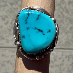Large Handmade Navajo Sterling Silver Kingman Turquoise Ring Size 12